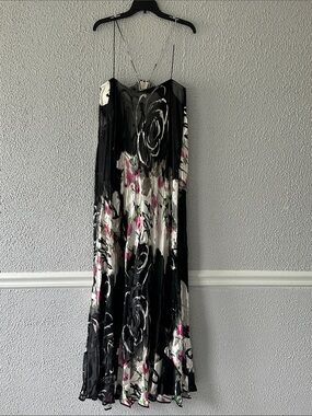 TALBOT RUNHOF Black Floral Slip Maxi Dress with Pink Accents, beautiful & classy